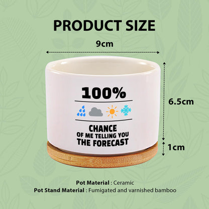 100 Percent Chance of Me Telling You The Forecast Meteorologist Gifts Weatherman Meteorology Weather Ceramic Succulent Plant Pot with Bamboo Tray Home Office Decor 3.5 Inch White (No Plants)
