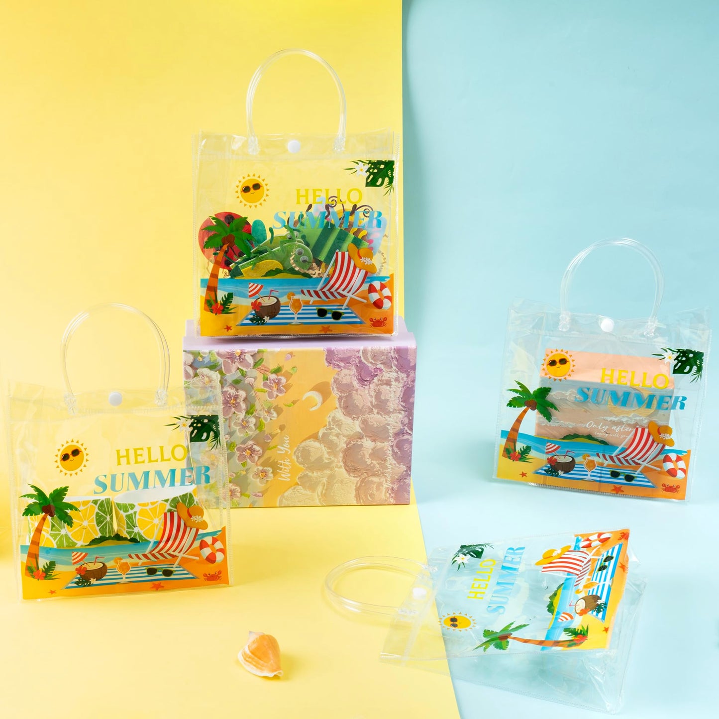 H1vojoxo Hello Summer Gift Bags - 24PCS Sunny Beach Clear Gift Bags with Handles 7.87 x 3.2 x 7.87 Inch Reusable PVC Plastic Transparent Waterproof Tote Bag for Summer Party Birthday Party Supplies