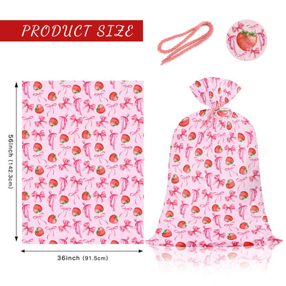 WRAPAHOLIC 56" Large Strawberry Bow Plastic Gift Bag - Pink Bow and Sweet Strawberry Jumbo Bike Bag Gift Wrap for Women Girls Birthday, Baby Shower, Wedding, Bridal Shower - 56" H x 36" W