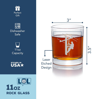 Lineman Whiskey Glass - Engraved Round Rocks Glass for Electrical Lineworkers, Powerline or Electrician Gift - 1 Pack