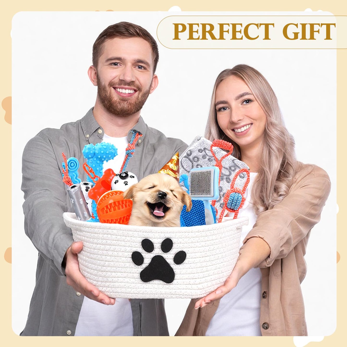 Zopeal 17 Pcs Summer Puppy Gift Set, Dog Toy & Essentials Bundle with Chew Toys, Poop Bag Dispenser, Grooming Brush, Training Bell, Blanket & Rope Basket(Octopus)