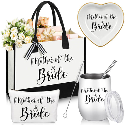 FoldTier 4 Pieces Mother of the Bride Bags Bridal Shower Gifts for Wedding Canvas Tote Bag for Mother of the Bride with Makeup Bag Tumbler Cup Mother Jewelry Tray Bridal Ring Holder for Wedding