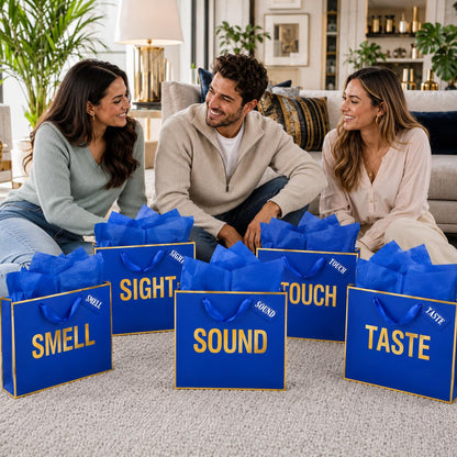 Large Gold Foil 5 Senses Gift Bags For Him Her with Labels Envelopes and Cards, Sight Smell Touch Taste Sound Gift Bags with Tissue Paper For Birthday, Anniversary, Mother'S Day, Valentine's Day 12 x 10 x 4 (Blue)