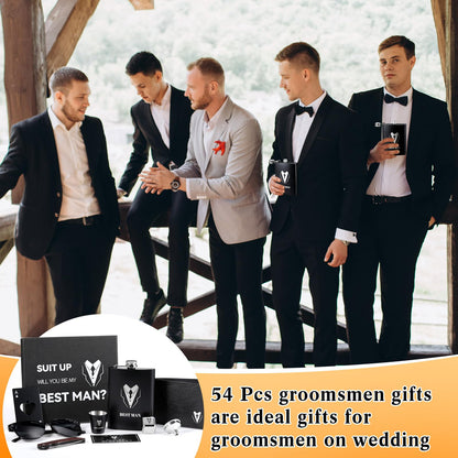 Mimorou 66 Pcs Groomsmen Proposal Gifts - Shot Glasses, Stainless Steel Ice, Flask, Funnel, Gift Boxes, Sunglasses, Knives, Bottle Opener, Cards, Wallets for Wedding Groomsmen Present Set