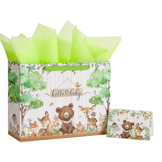 Loveinside Hello Baby Gift Bag for Newborn Baby Boy Girl, Cute Bear Deer Woodland Animal Design, Medium Size Bag with Tissue Paper, Tag, Greeting Card, Ideal for for Baby Shower, 13" x 5" x 10", 1 Pcs