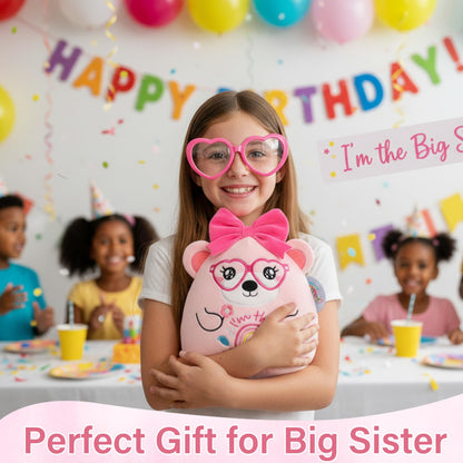 Big Sister Gifts Bear Plush - Cute "I'm the Big Sister" Plush Bear with Big Bow Heart Glasses Rainbow Embroidery Toy Sister Gift for Girl Sibling Kid’s Birthday Baby Shower Bear Gift for Toddler 10in