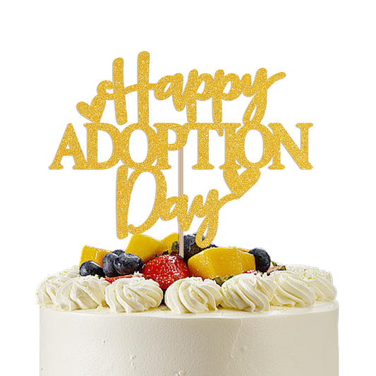 Happy Adoption Day Cake Topper - Love Makes a Family Cake Decor, Child Pet Adoption Anniversary Party Supplies Gold Glitter