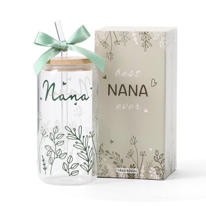 Gifts for Nana-Bow Glass Cup Nana Gift Cute Iced Coffee Cup with Lids and Straws for Grandma Birthday Gifts Mother day Grandmother Presents Stuff from Granddaughter Grandson Grandkids 16OZ