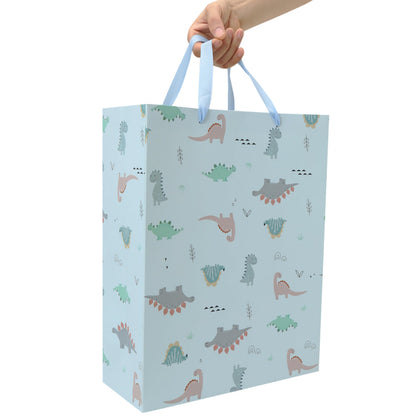 Qirrmiy 16.5'' Extra Large Dinosaur Gift Bag Set with Handles, Greeting Card, Blue Tissue Papers and Stickers for Boys Kids Teens for Birthday, Baby Shower, Baby Boy, Dinosaur-themed Design, 1 Pcs