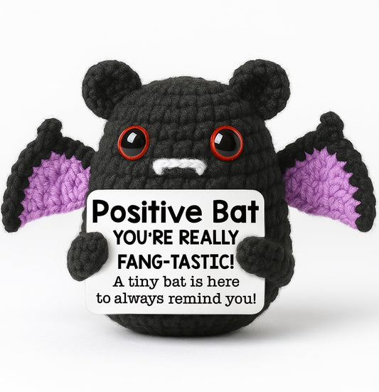 Positive Energy Crochet Bat Gift with Inspiring Affirmation Card, Handmade Emotional Support Bat, Thoughtful Stress Relief Present for Women and Men, Cute Birthday and Office Desk Décor