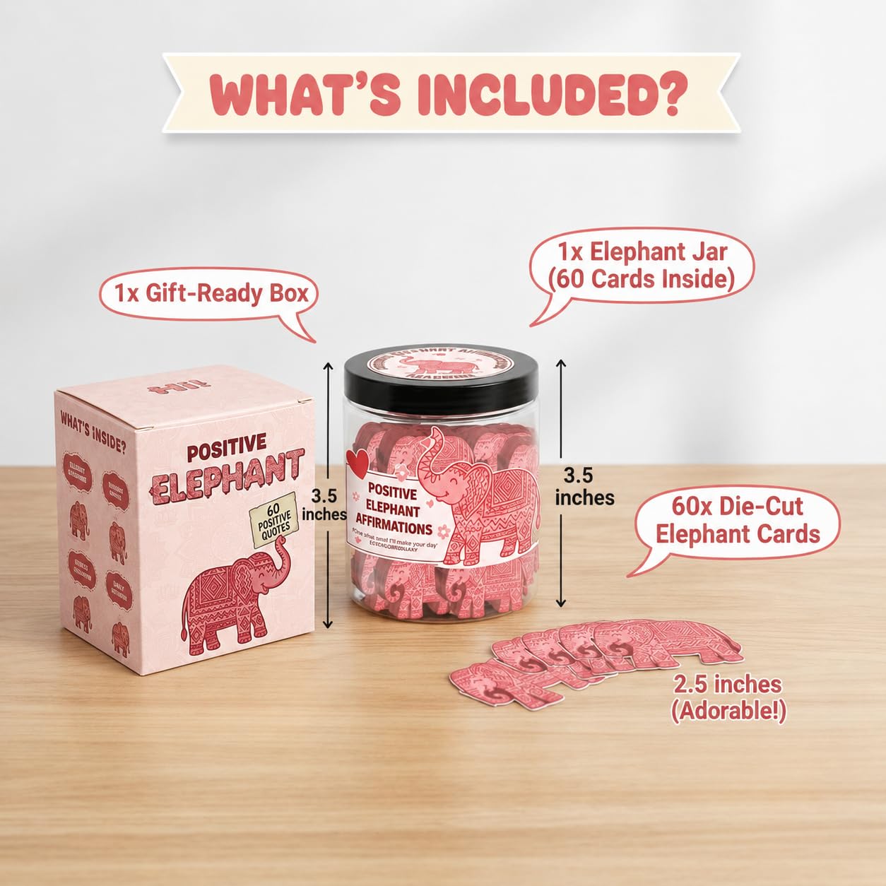DEARMINE Positive Elephant Jar with 60 Affirmation Cards, Elephant Gifts, Christmas Home Office Desk Decoration, Friendship Gifts for Women, Gift for Best Friends, Sisters, Mom