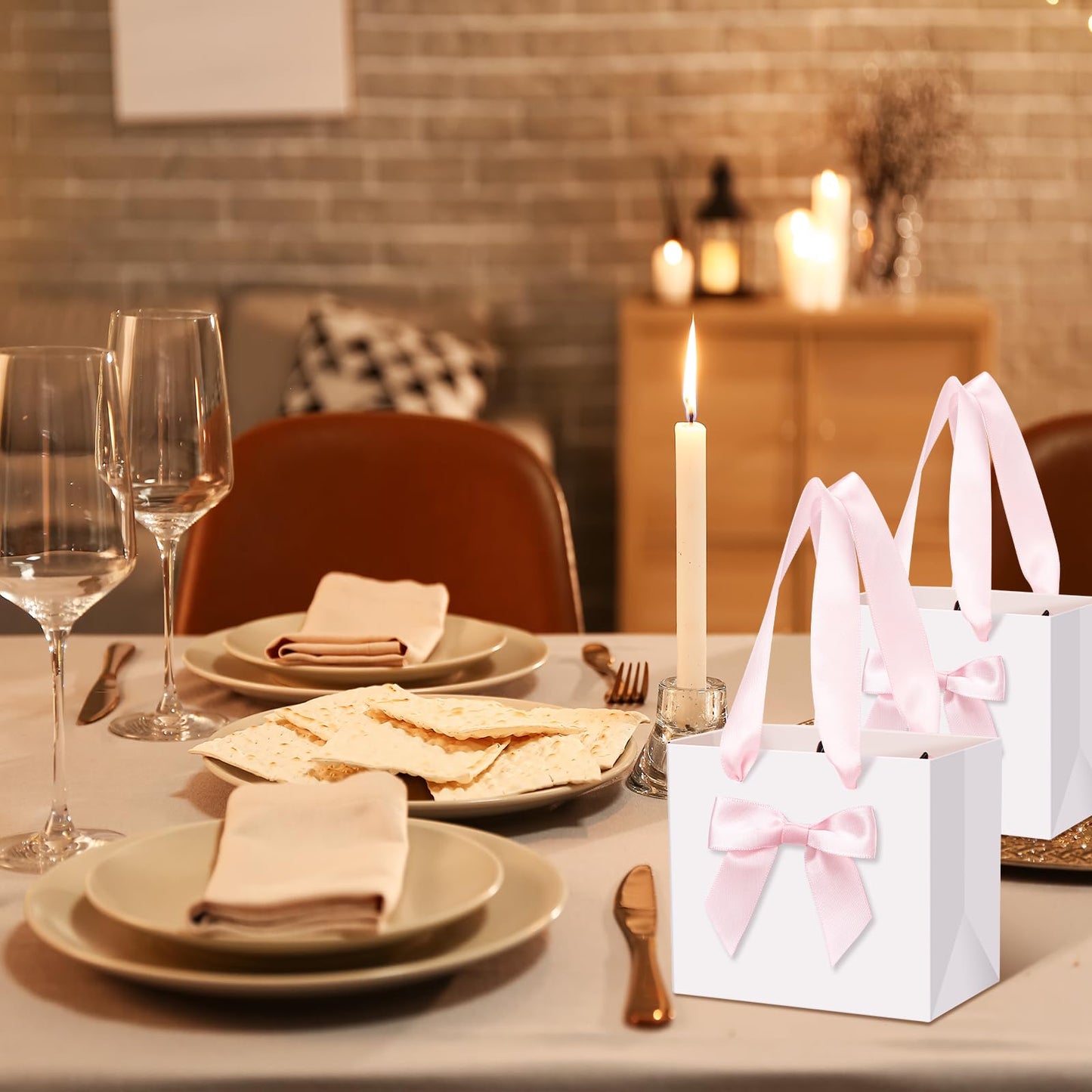 Kolldenn 50 Pcs Mini Gift Bags with Pink Bow Ribbon 4''x2.7''x4.5'' Small White Paper Thank You Goodie Gift Bags Bulk with Handle for Baby Shower Wedding Graduation Party Favor Birthday Return Guests
