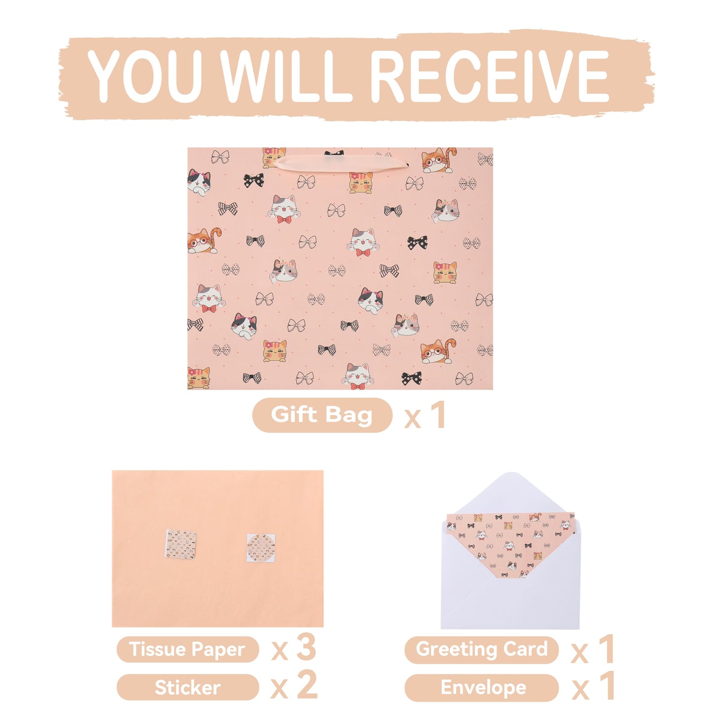 wishinside 13'' Large Cat & Bow Gift Bag Set with Handles, Greeting Card, Pink Tissue Papers and Stickers for Women Girls for Birthday, Wedding, Bridal Shower, Baby Shower, Cat Design, 1 Pcs