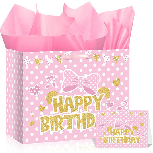 Cartoon Mouse Birthday Gift Bag with Tissue Paper and Card Pink Gold Bow Wrapping Paper Bags Large Princess Mouse Themed Birthday Party Favor Bags for Girls Bday Baby Shower Party Supplies Decorations
