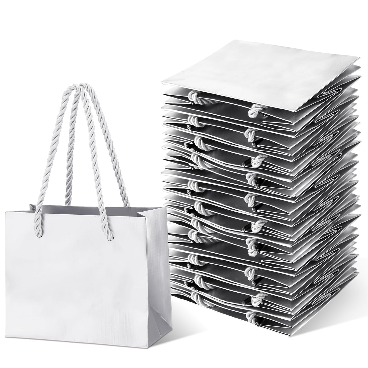 Fainne 24 Pcs Silver Mini Gift Bags with Handle Gift Card Bags Bulk Extra Small Paper Party Favor Boxes Tiny for Mother's Day Wedding Baby Shower Birthday Wrapping Supplies, 4.7 x 3.9 x 2.3 Inch
