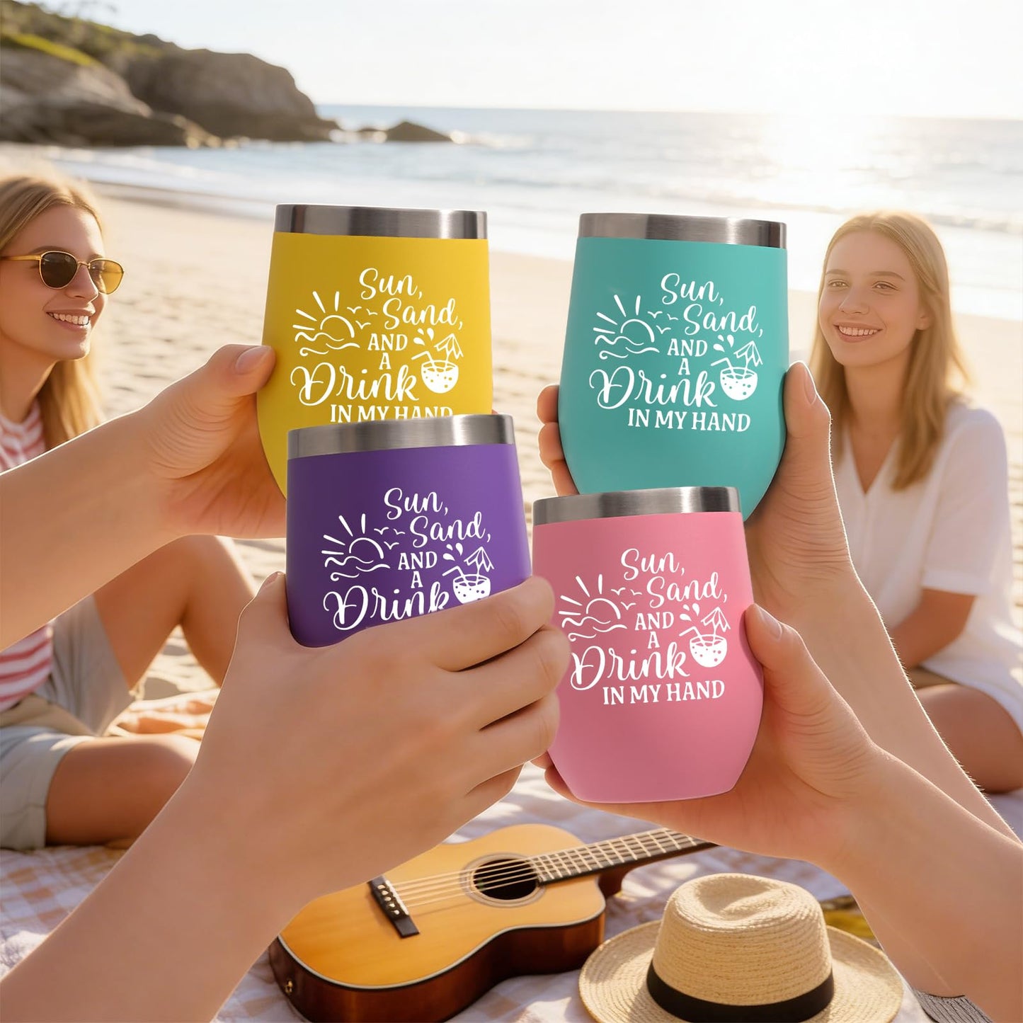 Lifecapido 4Pcs Girls Trip Gifts Favors, Beach 12oz Stainless Steel Wine Tumbler with Lid & Straw, Girls Weekend Trip Gifts Favors for Friends Sister Women Vacation Party(Multicolor)