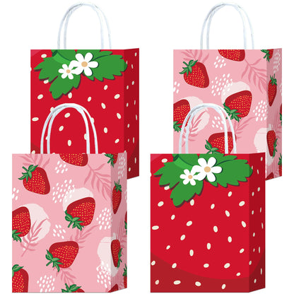 W WINTMING 16Pcs Strawberry Party Favor Bags Strawberry Gift Bags with Handles Pink Red Paper Goodie Bags Cute Fruit Candy Bags for Summer Birthday Party Decoration