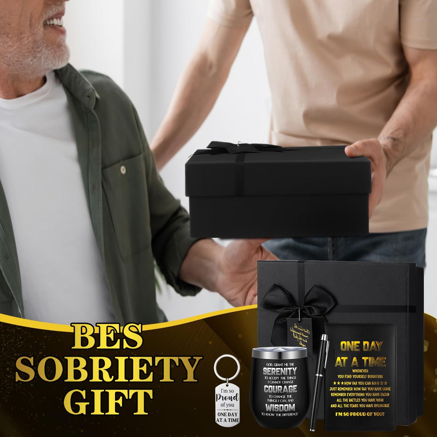 Reallnaive 6 Pcs Sobriety Gifts for Men Women Addiction Recovery Sober Encouragement Gifts 12 oz Stainless Steel Cup Socks Keychain Pen Notebook Box for AA NA Alcoholics Addiction Sober Milestone