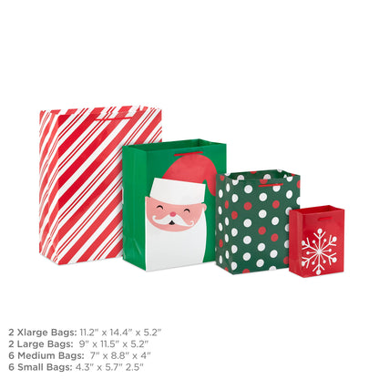 Hallmark Image Arts Assorted Holiday Gift Bag Bundle (16 Bags: 6 Small 5", 6 Medium 8", 2 Large 11", 2 XL 14") Red and Green, Santa, Stripes, Polka Dots, Snowmen, Snowflakes