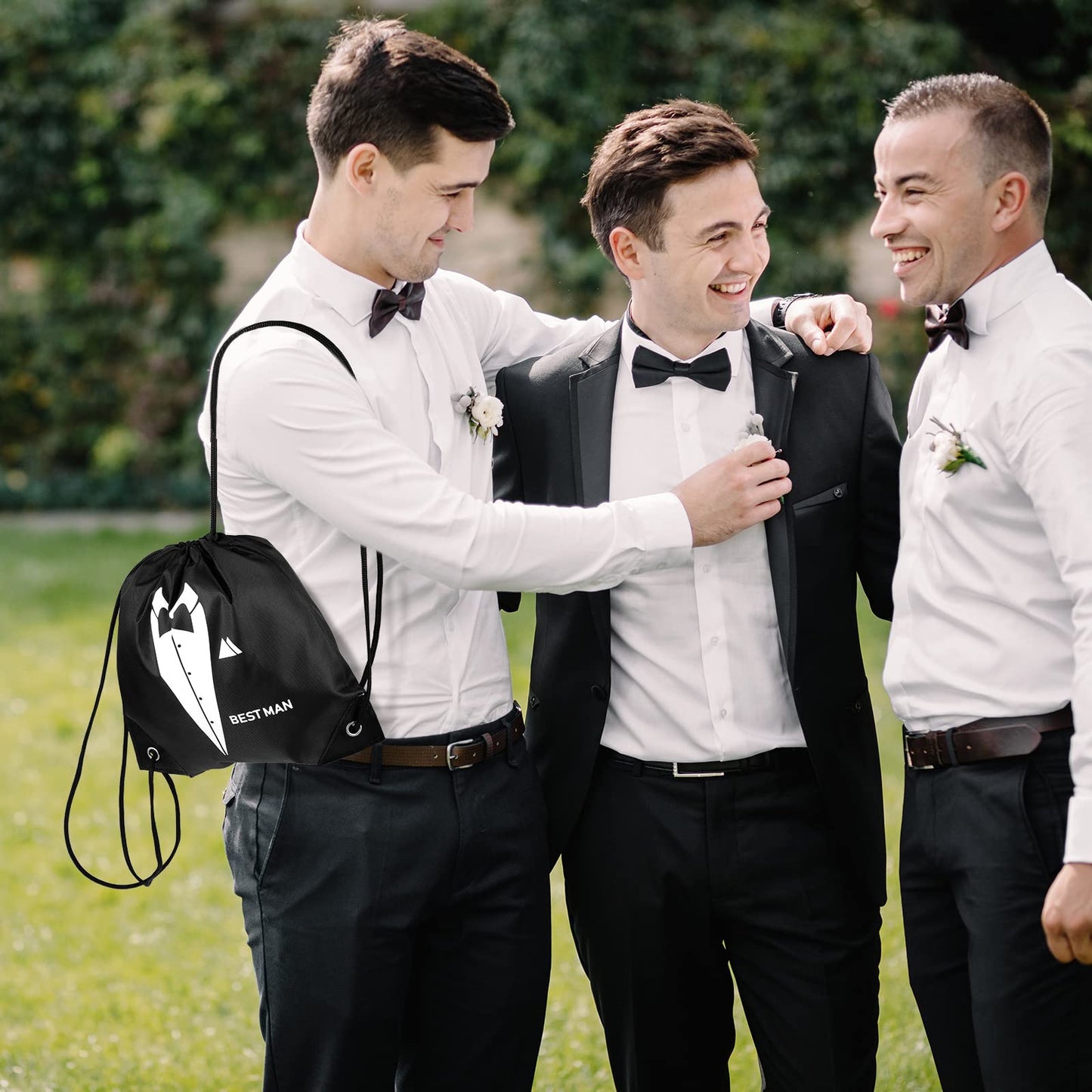 Shappy 7 Pack 9 x 9.9 Inches Groomsmen Gifts Bags for Wedding Party Favor Bags with Drawstring Black Bachelor Present Set for Groomsman Proposal Father's Birthday Anniversary Boss Party Supplies