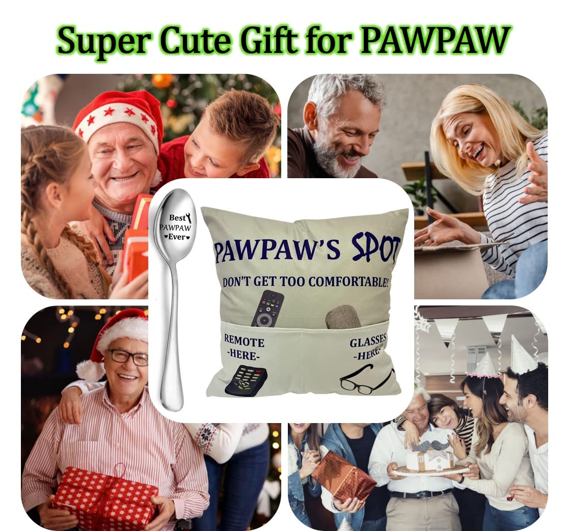Pawpaw Gifts Dad Grandpa Gifts, 2-Pocket 2-Sided Pawpaw Pillow Covers 18x18 Inch and Pawpaw Ever Engraved Spoon, Fathers Day Birthday Christmas Stocking Stuffers Thanksgiving Day Gifts