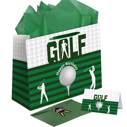 Sumerk 13" Golf Birthday Gift Bag with Tissue Papers and Greeting Card, Envelope and Stickers - Golf Theme Birthday Gifts Wrapping Bag for Men and Women