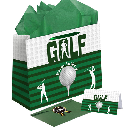 Sumerk 13" Golf Birthday Gift Bag with Tissue Papers and Greeting Card, Envelope and Stickers - Golf Theme Birthday Gifts Wrapping Bag for Men and Women