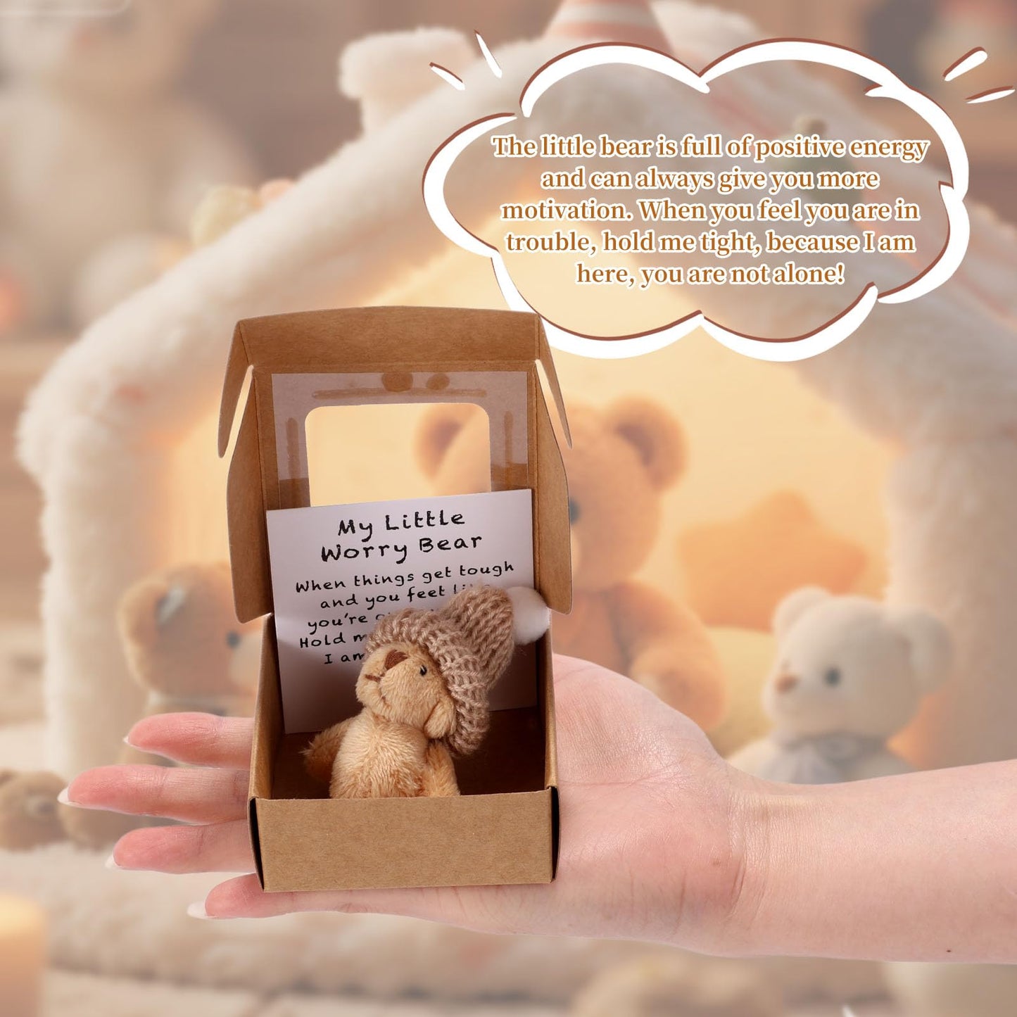 Mini Worry Bear in Box with Hat, Positive Mini Plush Bear with Encouragement Card Inspirational Stress Relief Toy for Family Friends Coworkers Gift