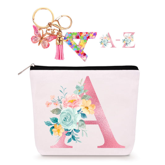 Personalized Makeup Bag with Initial Keychain, Custom Initial Monogram Small Travel Cosmetic Toiletry Bag, Birthday Gifts for Women Bridesmaid Teacher (A)