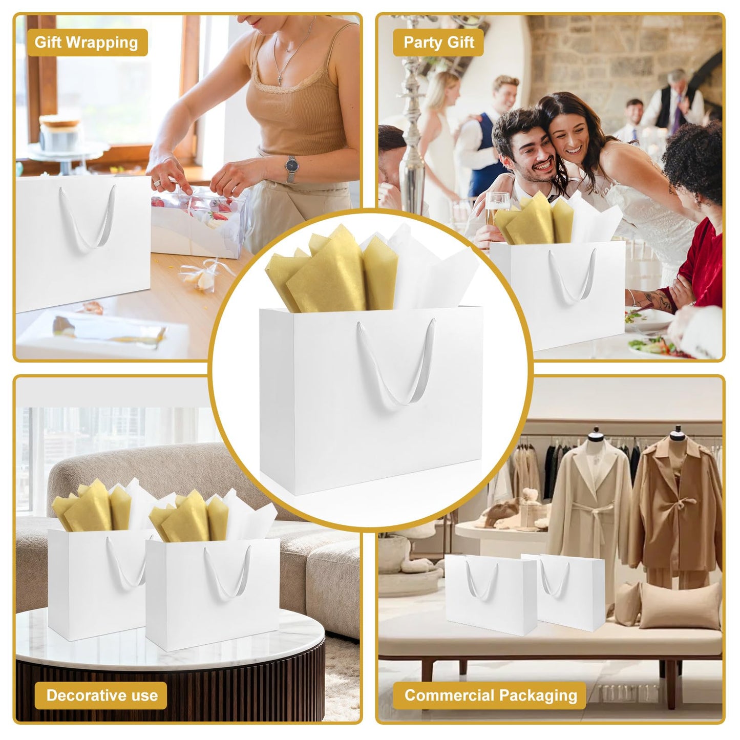 Ethhqu 3 Pack Extra Large White Gift Bags with Handles, 16x6x12 Inches - Includes 6 Tissue Papers for Birthday, Wedding, Shopping Business, Thanksgiving, Christmas&Holiday (White Extra Large-3 Pcs)