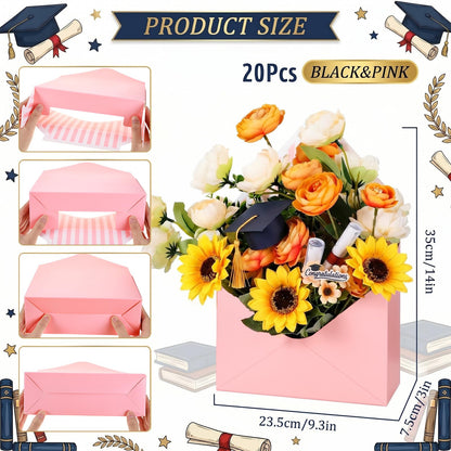 Outus 20 Pcs Floral Envelope Boxes for Graduation Empty Paper Flower Bouquet Envelop Paper Boxes Pink Black Stripe Florist Flower Bags for Gift Packaging Birthday Wedding Party