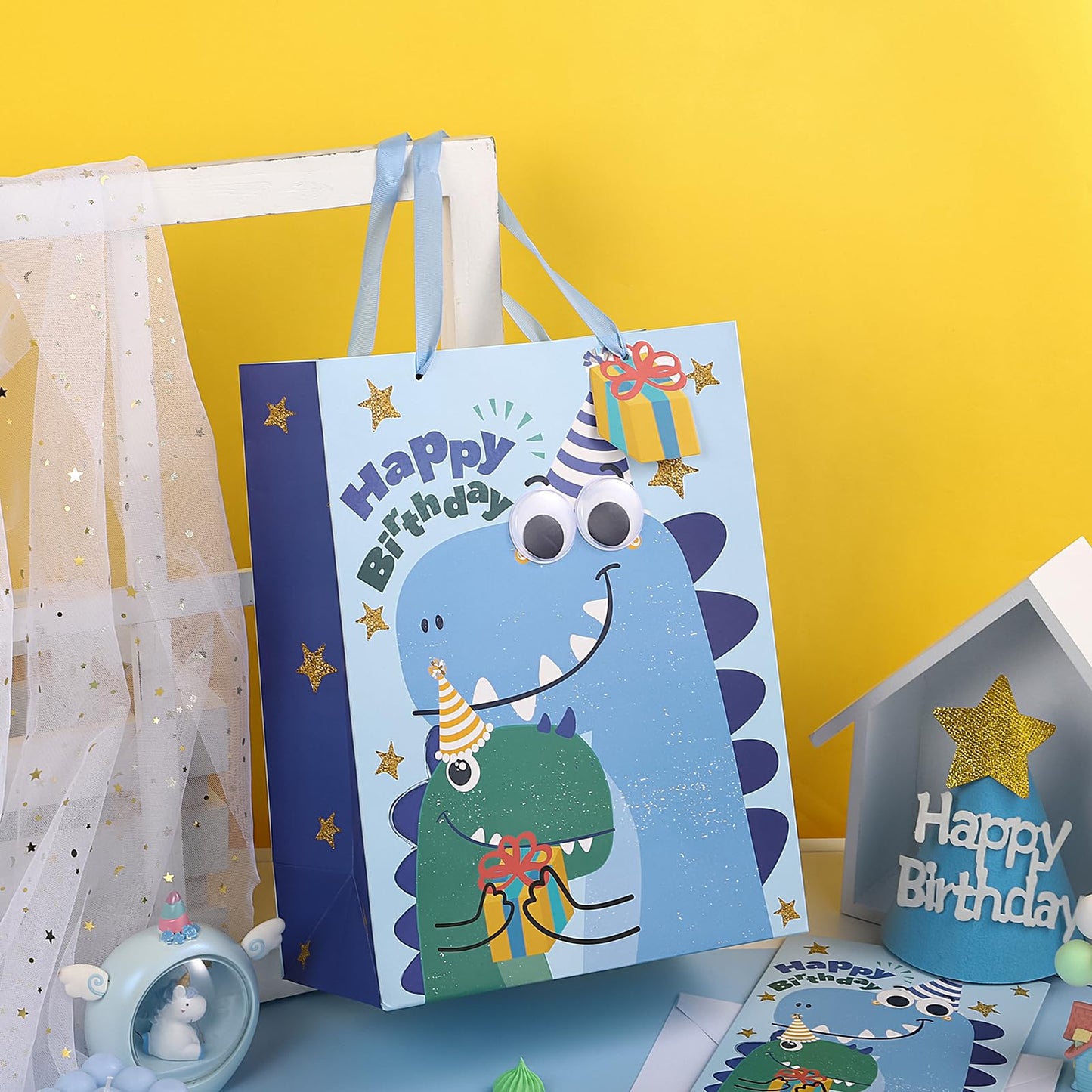 Loveinside Dinosaur Birthday Gift Bag Set, Medium Bag with Tissue Paper, Greeting Card and Tag, Blue Birthday Dinosaur Design, 10" x 5" x 13", 1 Pcs