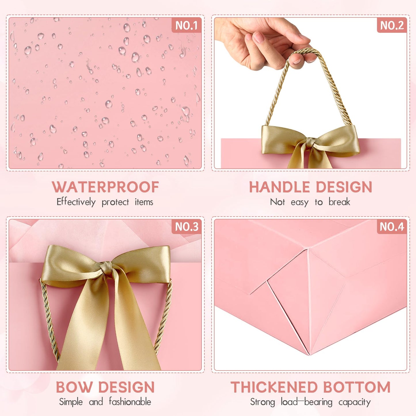 YoungTree Pink Gift Bags with Handles, 13" Medium Gift Bag with 2 Tissue Paper and 1 Card, Present Bag for Graduation Wedding Baby Shower Bridal Shower Birthday Party Supplies