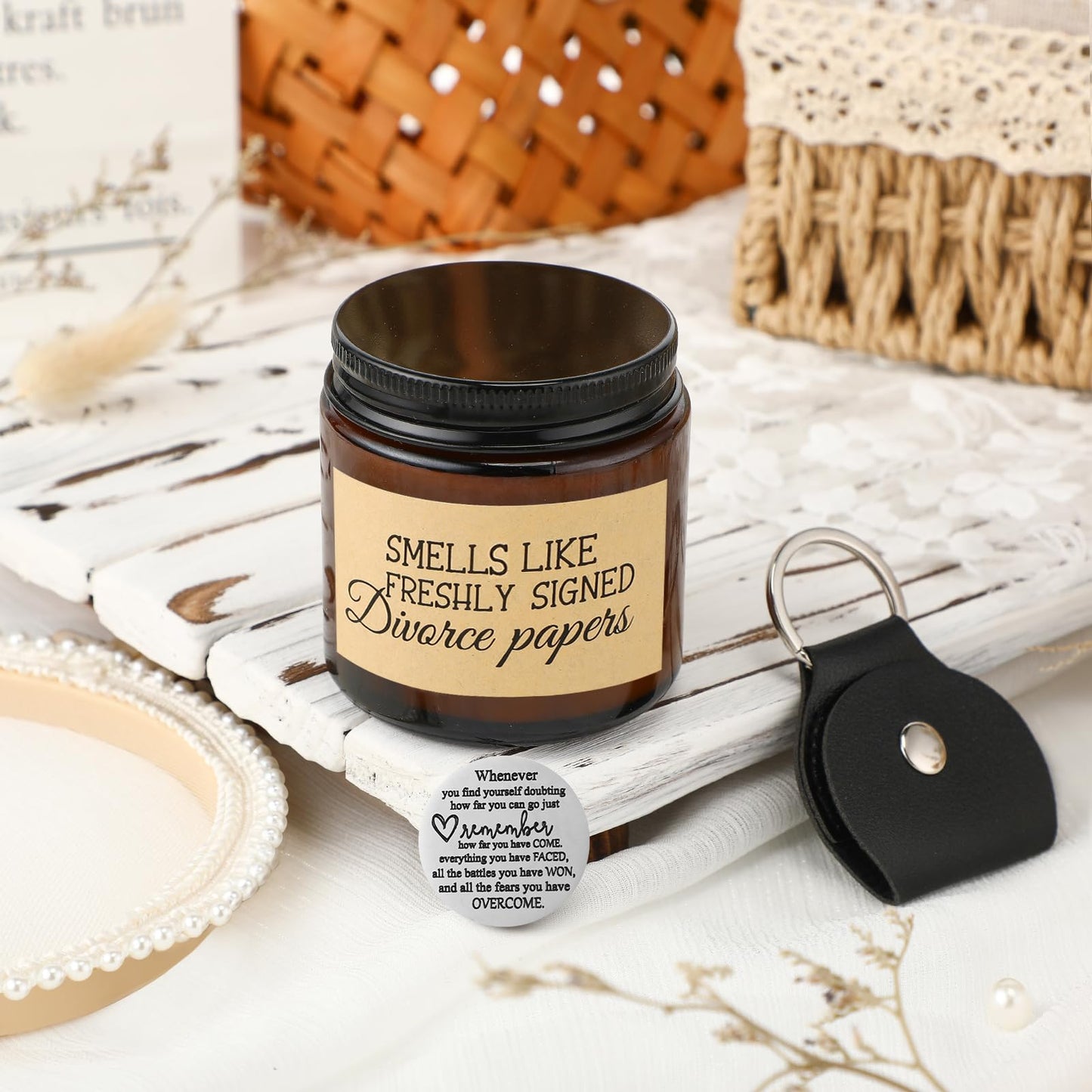 Coume 3 Pcs Divorce Lavender Scented Candle Gifts for Women Scented Candles Pocket Hug Token and PU Leather Keychain Breaking up Funny Gifts for Friends Sister Coworker Men Female(Novel)