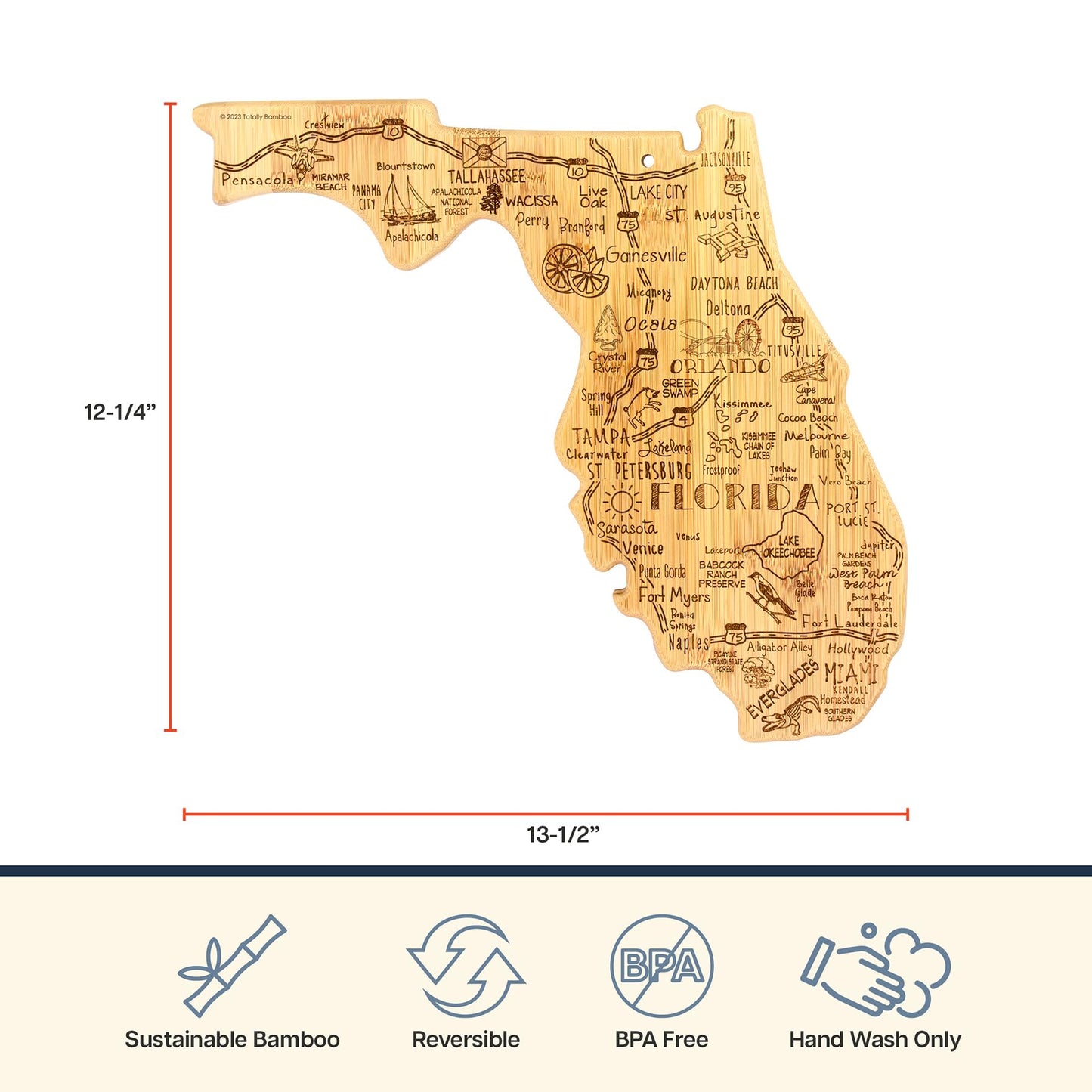 Totally Bamboo Destination Florida Shaped Cutting Board – Bamboo Charcuterie and Serving Board with Hang Tie for Wall Display