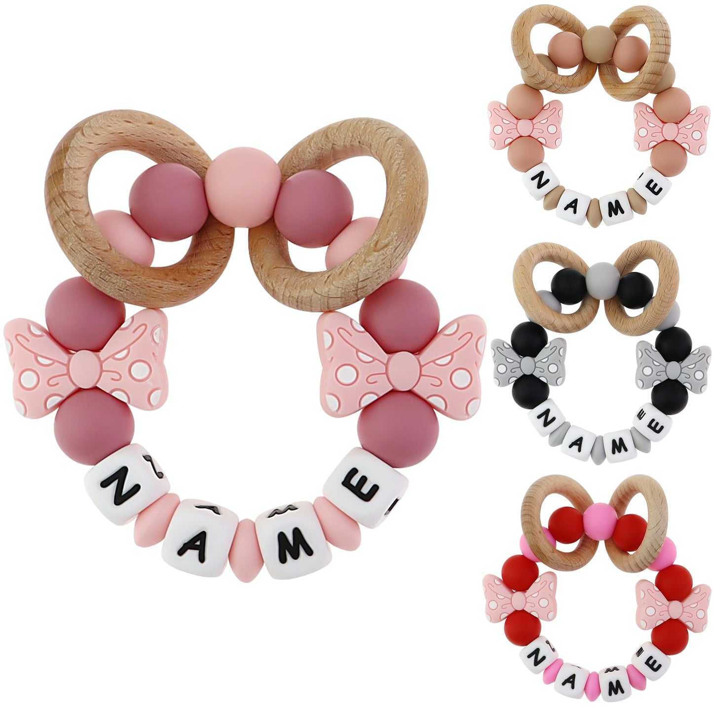 Personalized Baby Teether Ring with Name Custom Silicone Rattle Teething Bracelet with Natural Beech Wood Customizable Toddler Newborn Baby