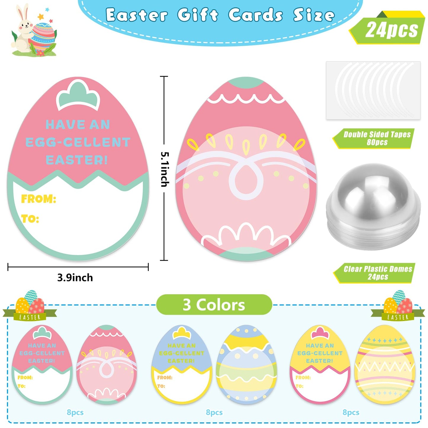 KJX 24 Pack Easter Cards for Kids Classroom,DIY Egg Design Easter Candy Cards with Plastic Domes, Easter Party Favors for School Holiday Celebrations Gifts and Craft Activities