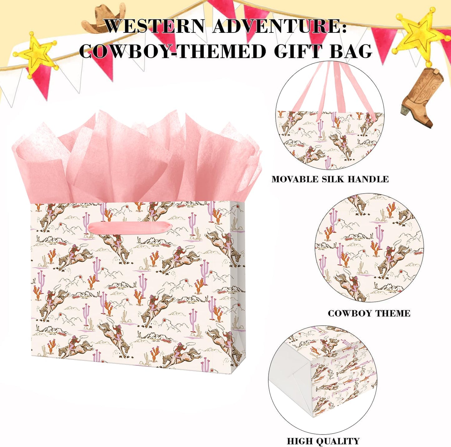Linelglobal Large Cowgirl Gift Bag with Tissue Ppaer for Women Girl Birthday Western Theme Party Rodeo Stuffer 12.6"