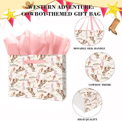 Linelglobal Large Cowgirl Gift Bag with Tissue Ppaer for Women Girl Birthday Western Theme Party Rodeo Stuffer 12.6"