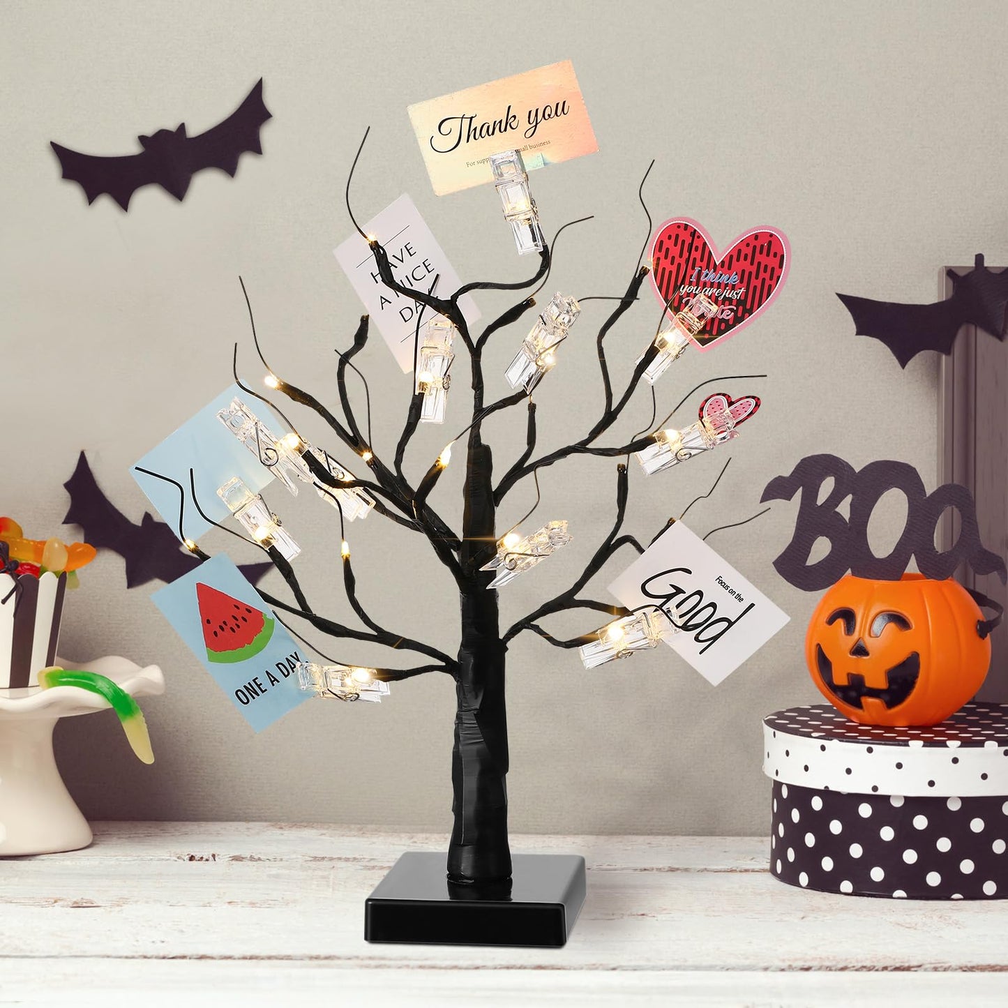 Mudder Money Gift Cards Tree Easter Lighted Birch Tree 24 LED Wedding Card Holder with 12 Clips for Spring Graduation Memorial Day Birthday Party Home Photo Memo(Fresh Style,Black, Warm White)