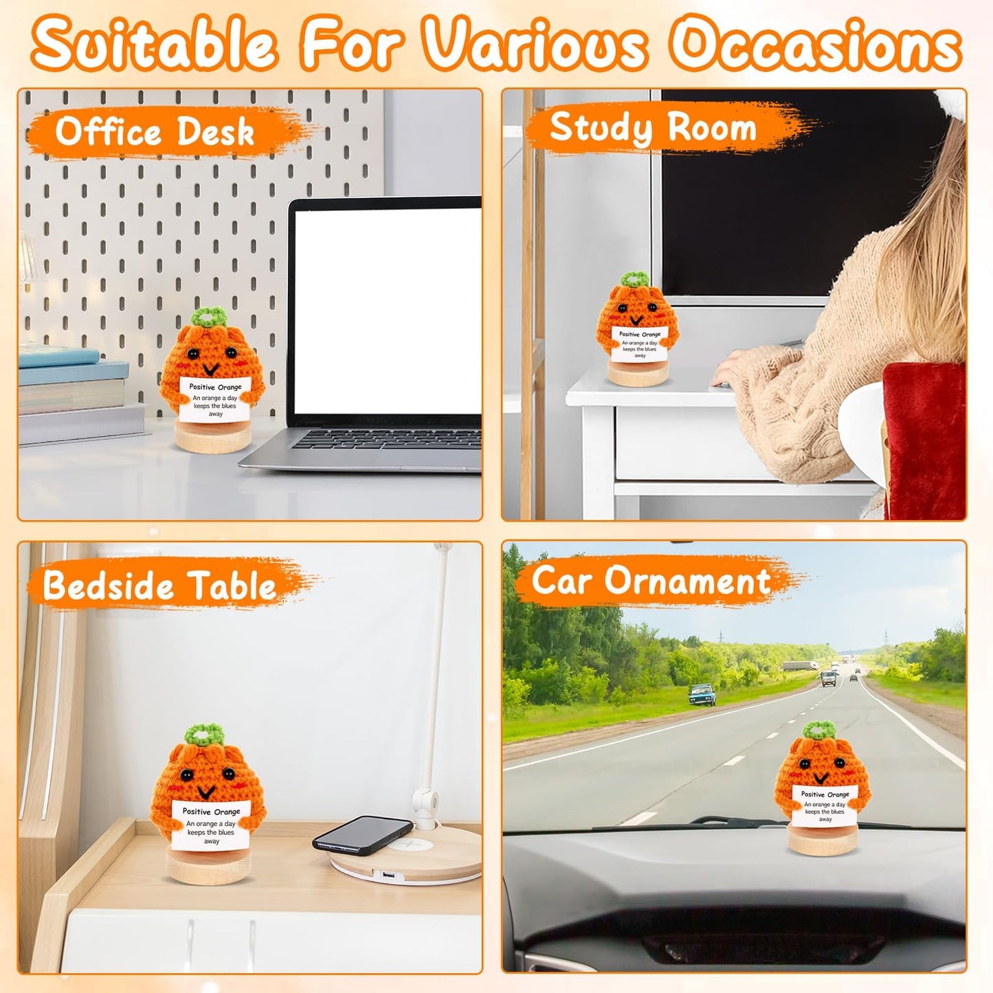 Mini Funny Positive Gifts Emotional Crochet Orange Doll Support Plush Knitted Orange Toy with Positive Card Holiday Valentines Birthday Party Gifts for Women Teacher Appreciation Office Decor