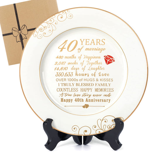 Urllinz 40th Anniversary Wedding Gifts for Wife - 40 Year Anniversaty Plate with 24k Gold Foil, Happy Decorations for Couple Parents Him Her Husband, Ceramic 9"