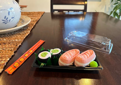 Sushi Socks Box: 2 pairs featuring Salmon Nigiri and Cucumber Maki designs. So cute and comfy! Stretchy, and unisex.