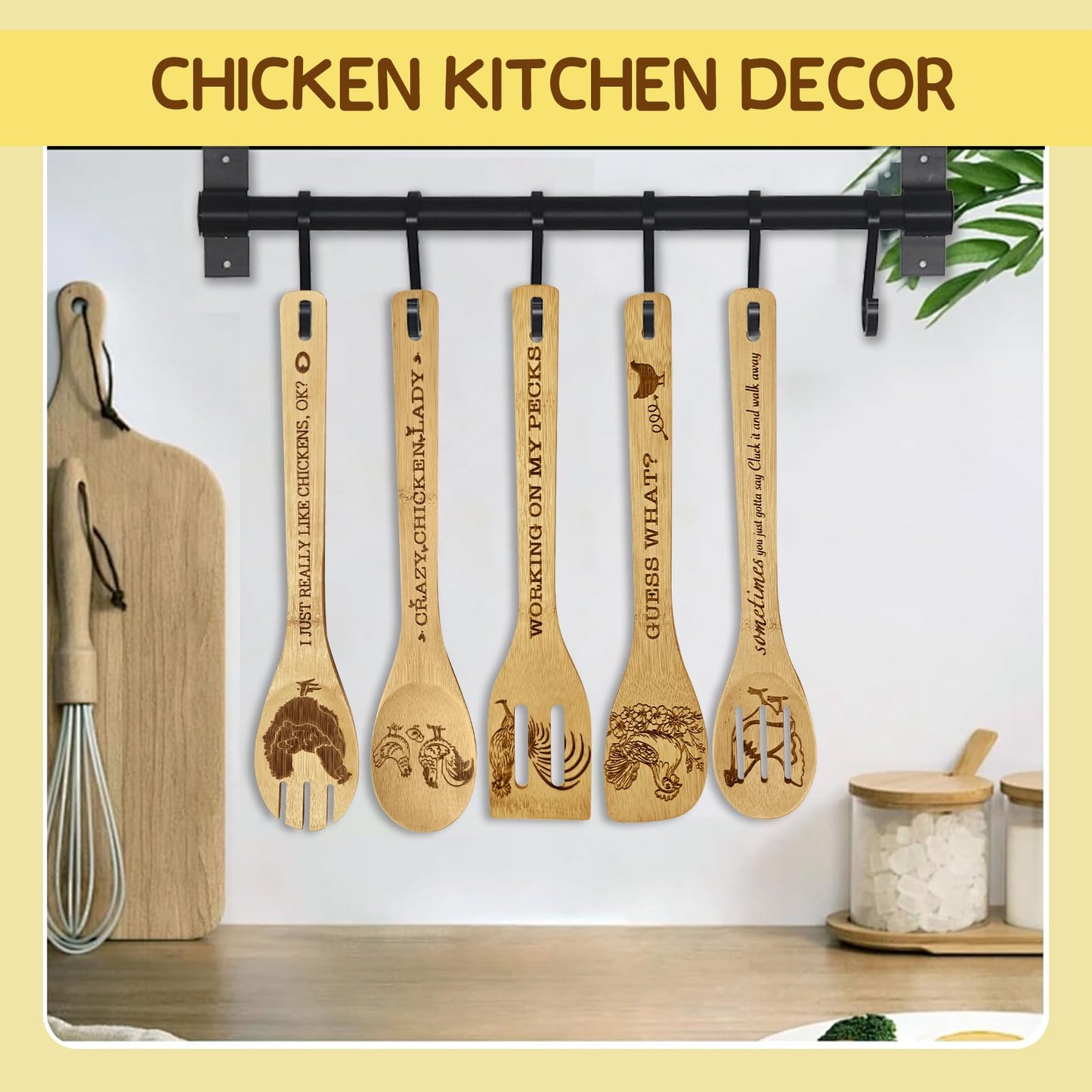 Chicken Gifts for Women, 6PCS Unique Chicken Print Bamboo Spoons Gifts Set with Keychain, Chicken Decor Kitchen Stuff for Mother's Day Sister