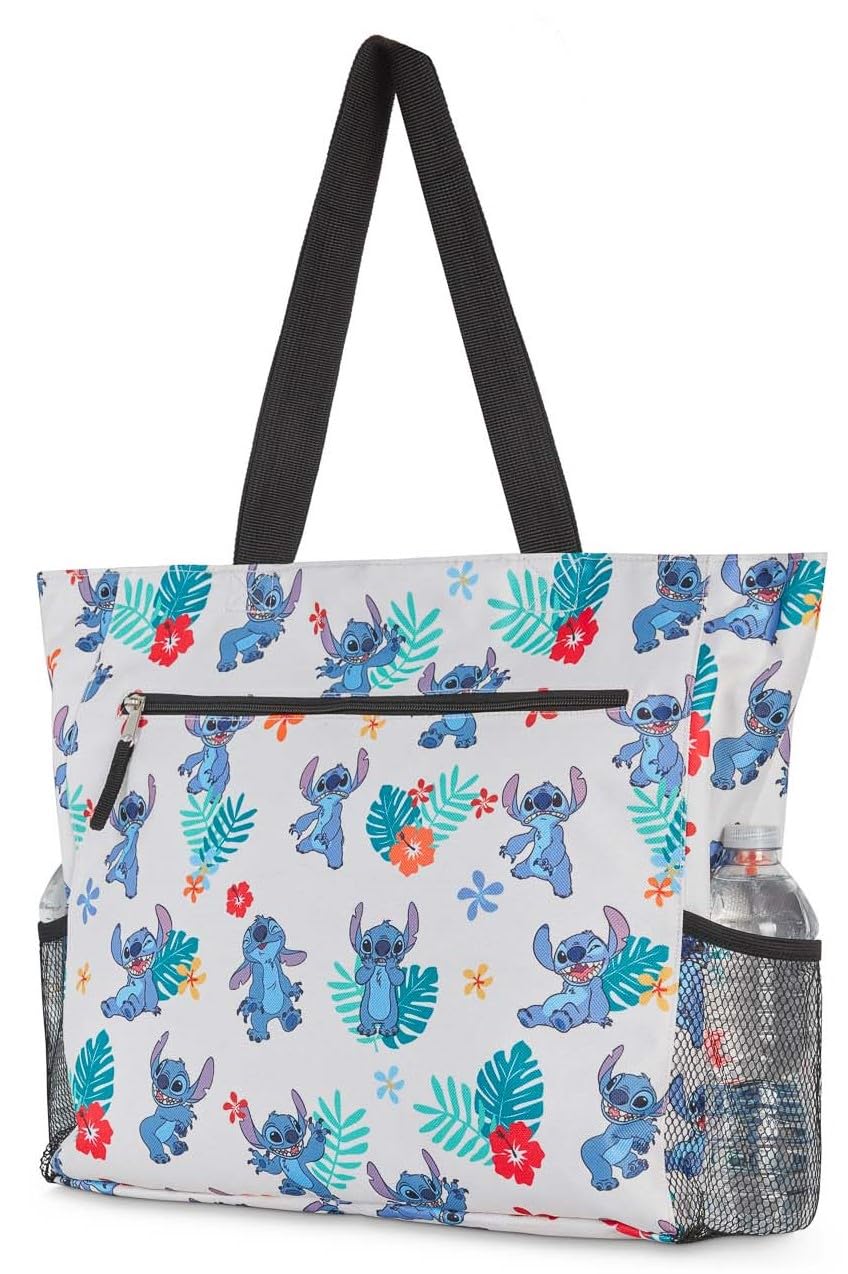 Disney Stitch Women Zip Tote Shoulder Bag Beach Travel Mesh Side Pockets (Stitch White)