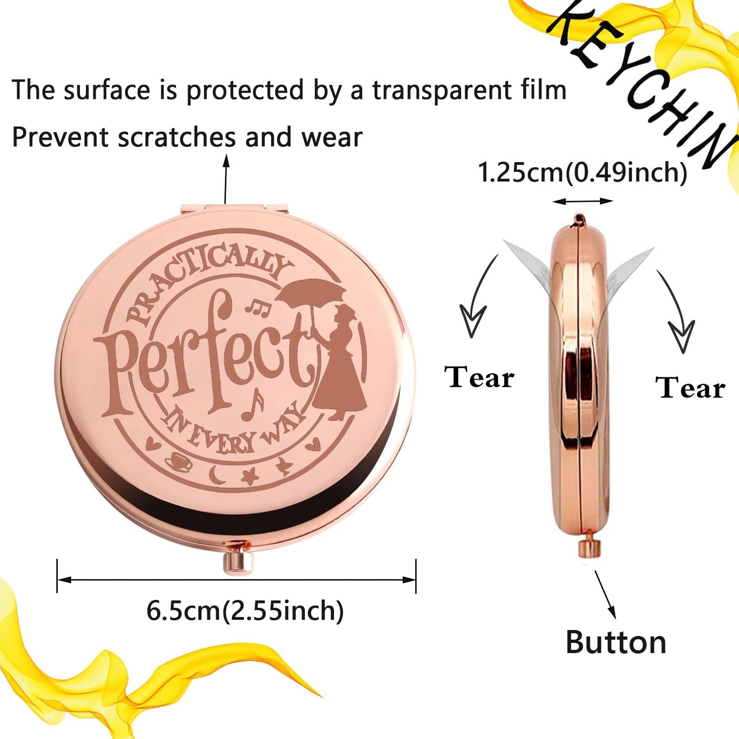 KEYCHIN Mary Qoute Pocket Mirror Mary Fans Gift Practically Perfect in Every Way Umbrella Compact Mirror for Women Girls (Practically Perfect Mirror-S) (Perfect RG)