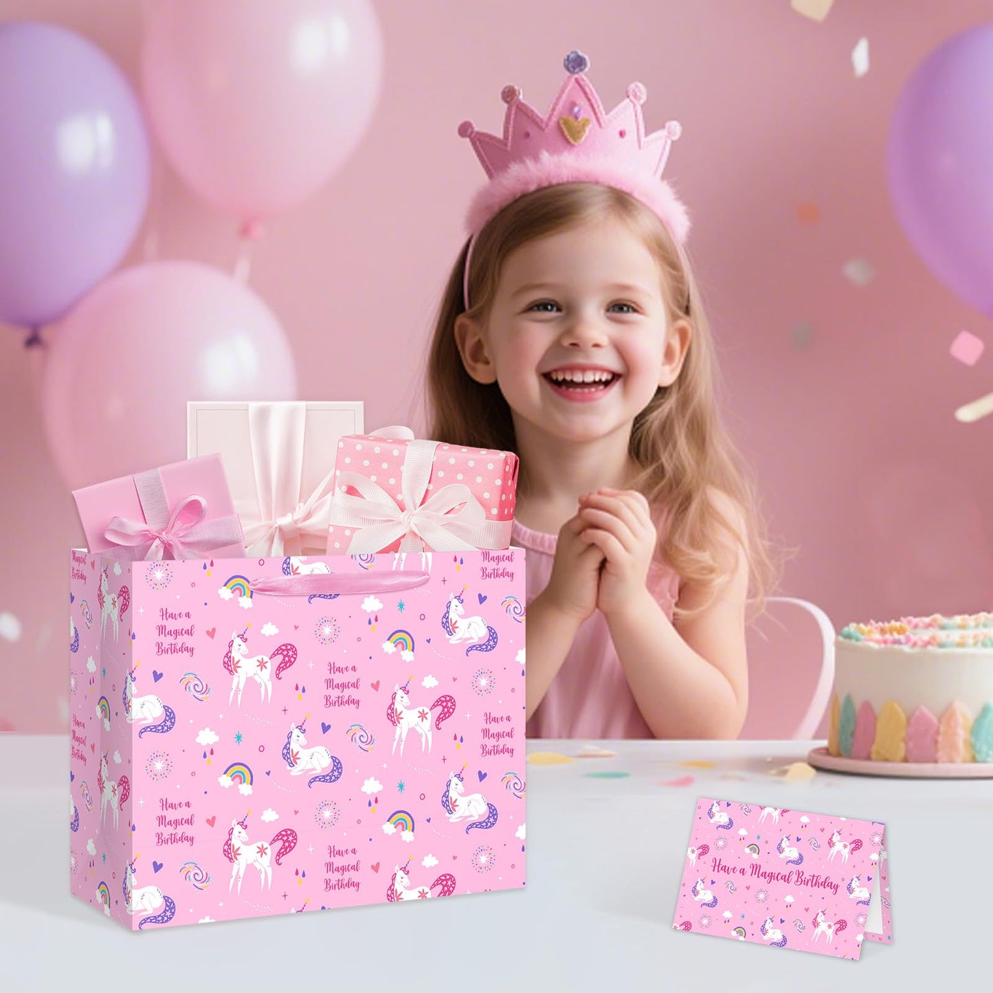 Reyoust 13" Large Magical Pink Unicorn Happy Birthday Gift Bag Set With Tissue Paper and Greeting Card Rainbow and Clouds Birthday Party Decorations for Girls Kids 13" L x 10.2" H x 4.9" D