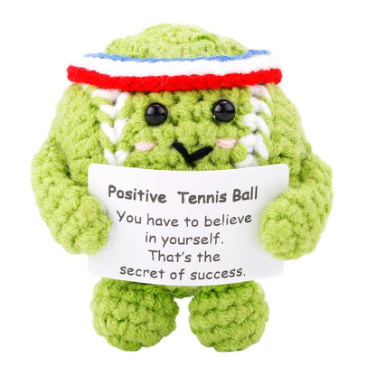 Positive Tennis Ball, Cute Funny Crochet Inspirational Tennis Ball Positive Knitted Animal Doll Crochet Toy with Positive Card for Sports Lover Friends Party Decorations