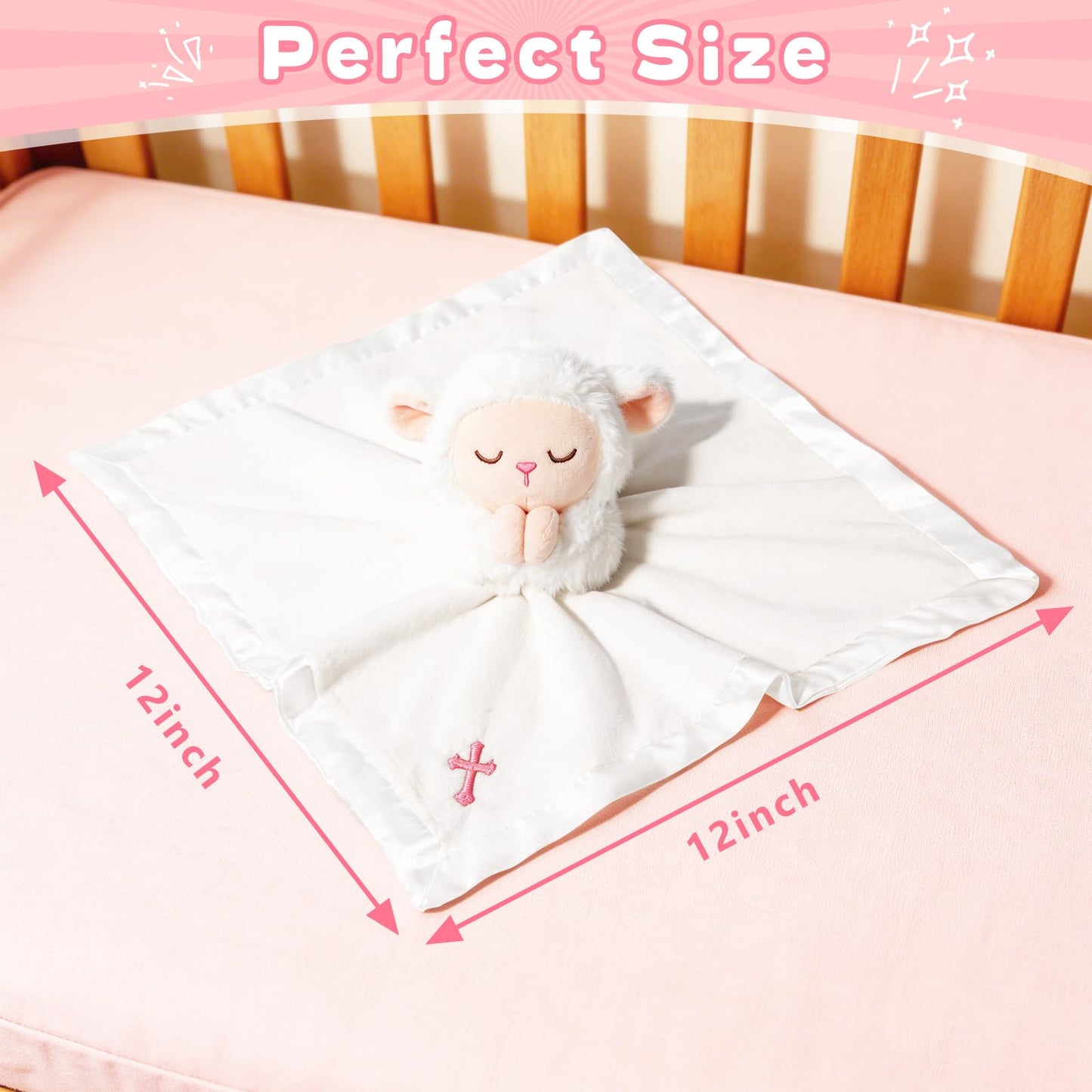 Baptism Gifts for Girl, Loveys for Babies Lamb Security Blanket, Plush Lamb Lovey with Cross Embroidery, Christening Gift Set with Baby Blanket & First Prayer Book
