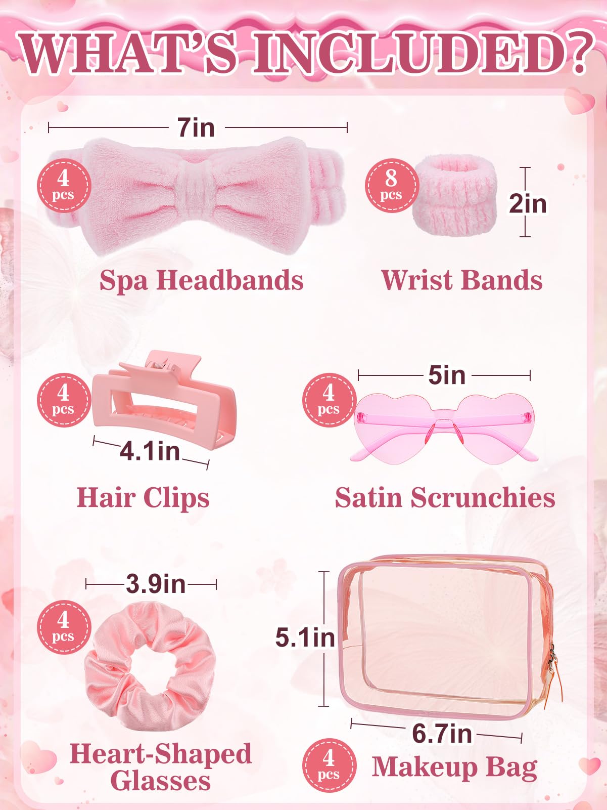 Cosweet 4 Sets Galentine's Day Gift for Women - Pink Spa Party Favors with Headband & Wrist Band, Heart Glasses, Hair Clips, Scrunchies, and Makeup Bag, Friendship Gifts for Valentine's Day
